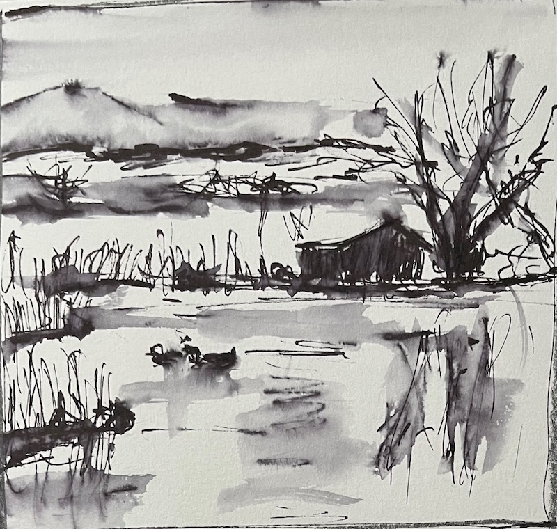 Schuppen am See • Tusche auf Papier • 15 x 15 cm • 2026