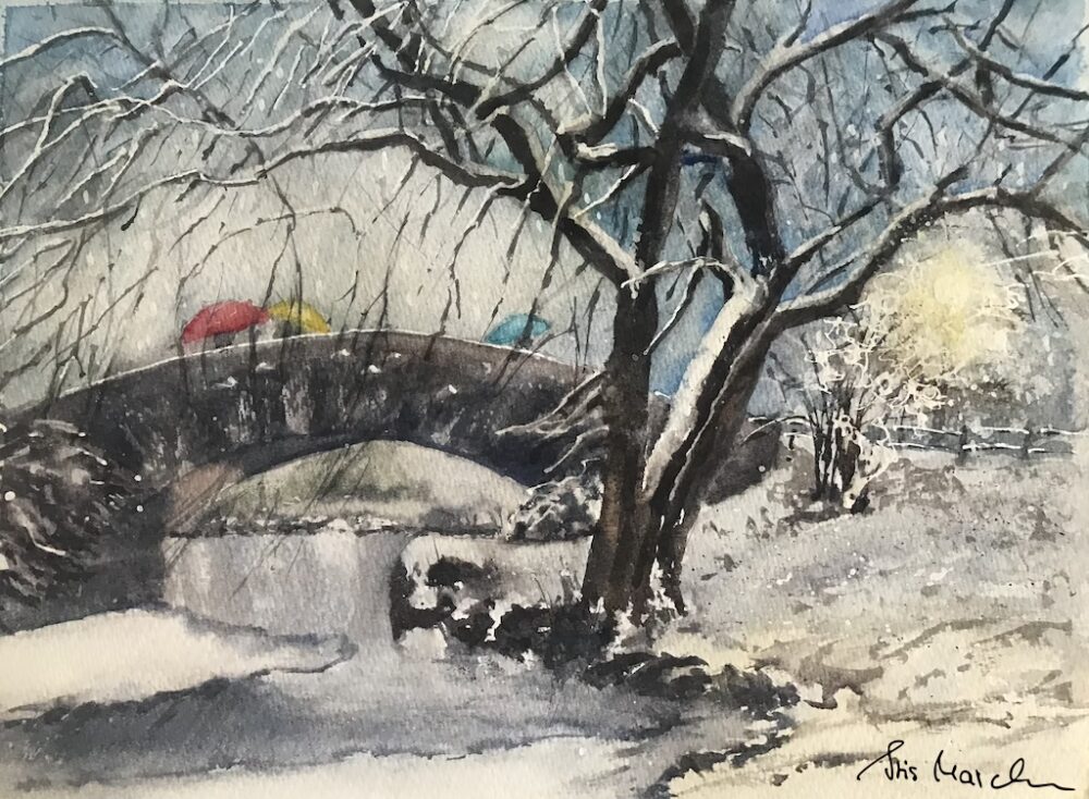 Bunte Regenschirme im Winter • Aquarell auf Papier • 25 x 36 cm • 2023